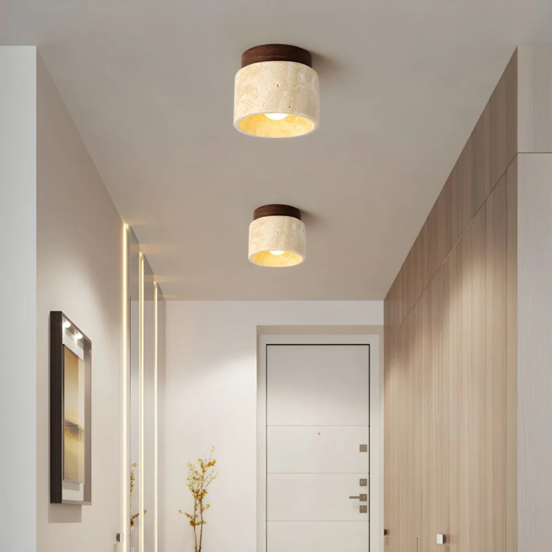 Tavera - Plafonnier cylindrique en travertin avec accents en bois