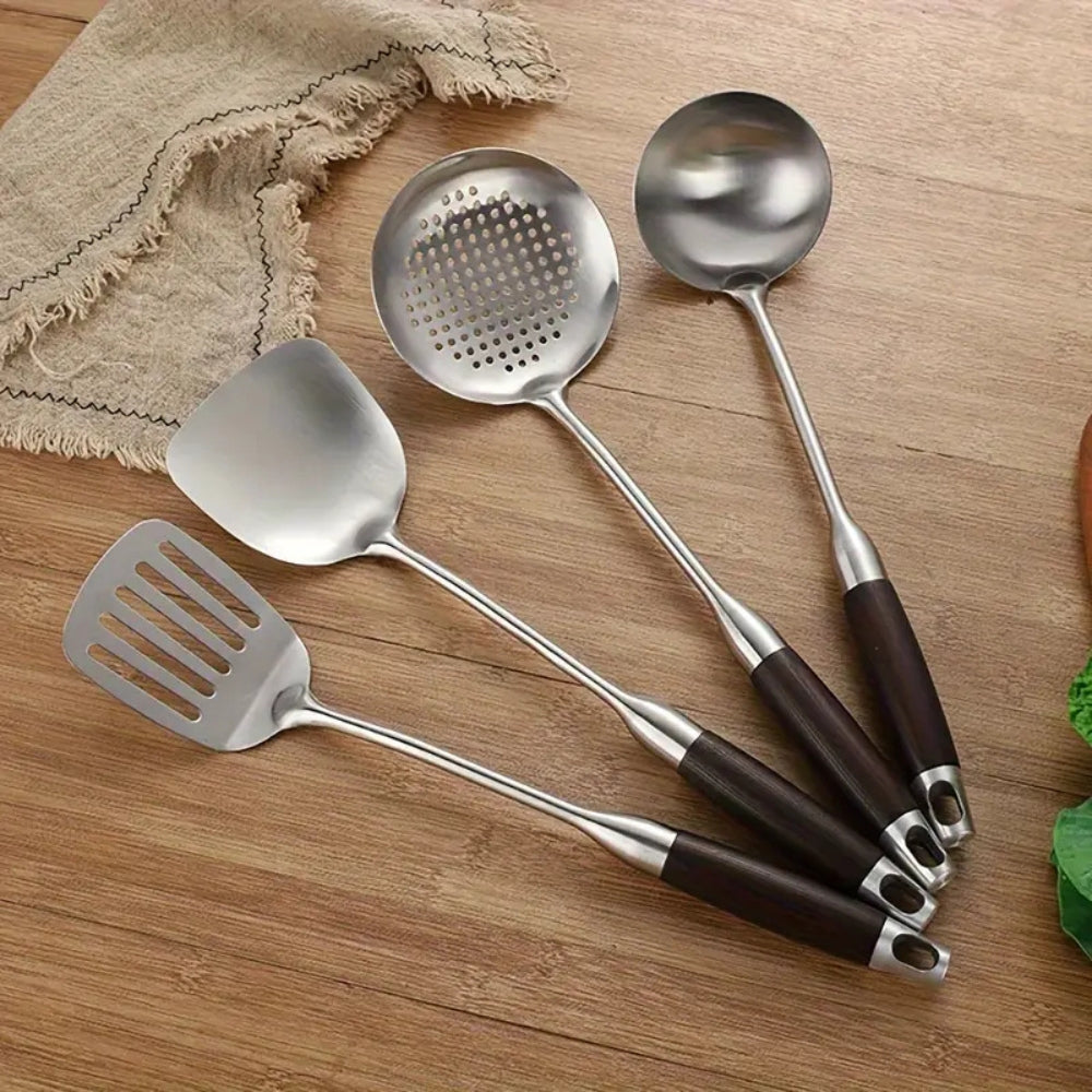 Ustensiles en inox à manche en bois | Lot de 6