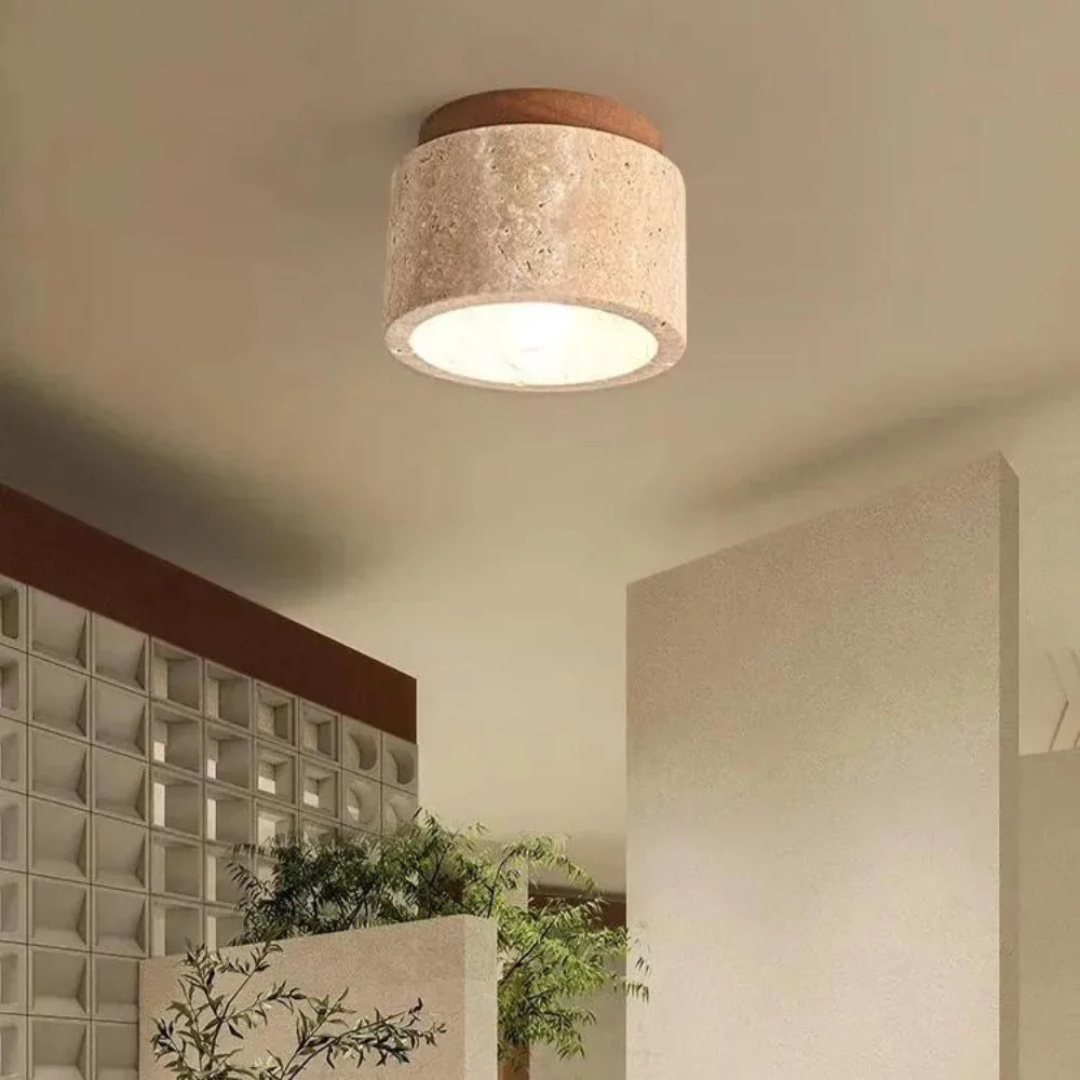 Tavera - Sylinderformet travertin taklampe med tredetaljer