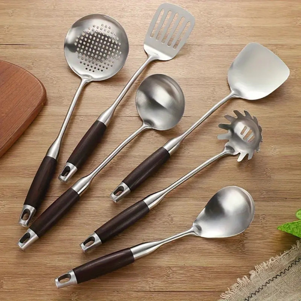 Ustensiles en inox à manche en bois | Lot de 6