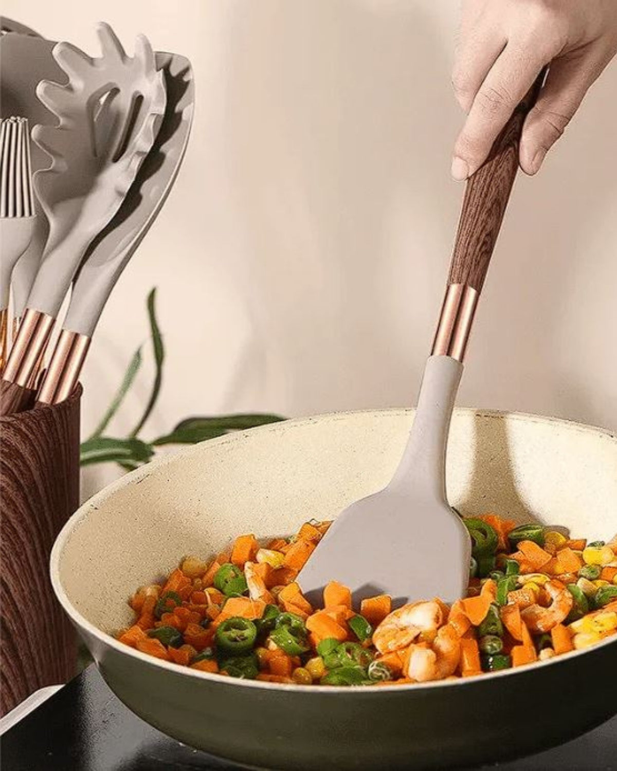 Ensemble d'ustensiles de cuisine en bois antiadhésifs