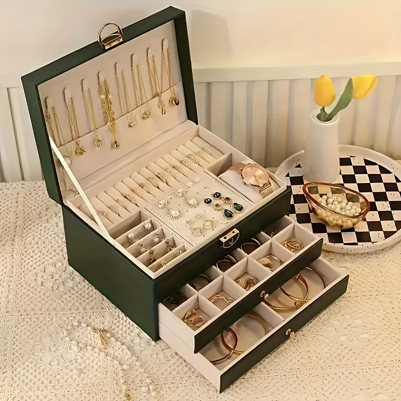 ElegancePure Stor Smykkeorganisator i Lær – 3 Nivåer for Halskjeder, Ringer og Verdifulle Smykker