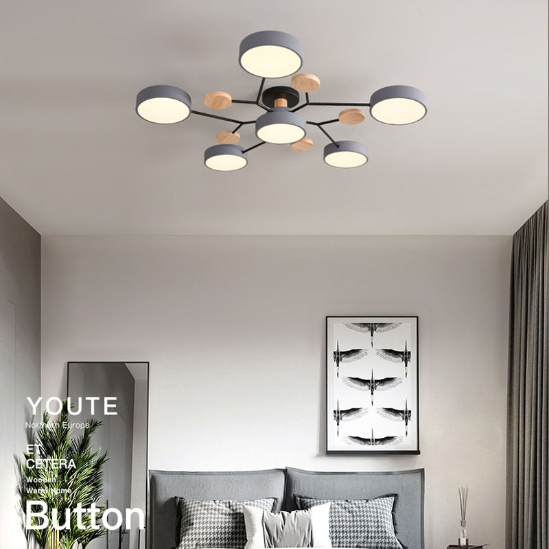 Arisha Plafonnier Rond Moderne, Métal/Bois, Blanc/Vert/Gris, Salon