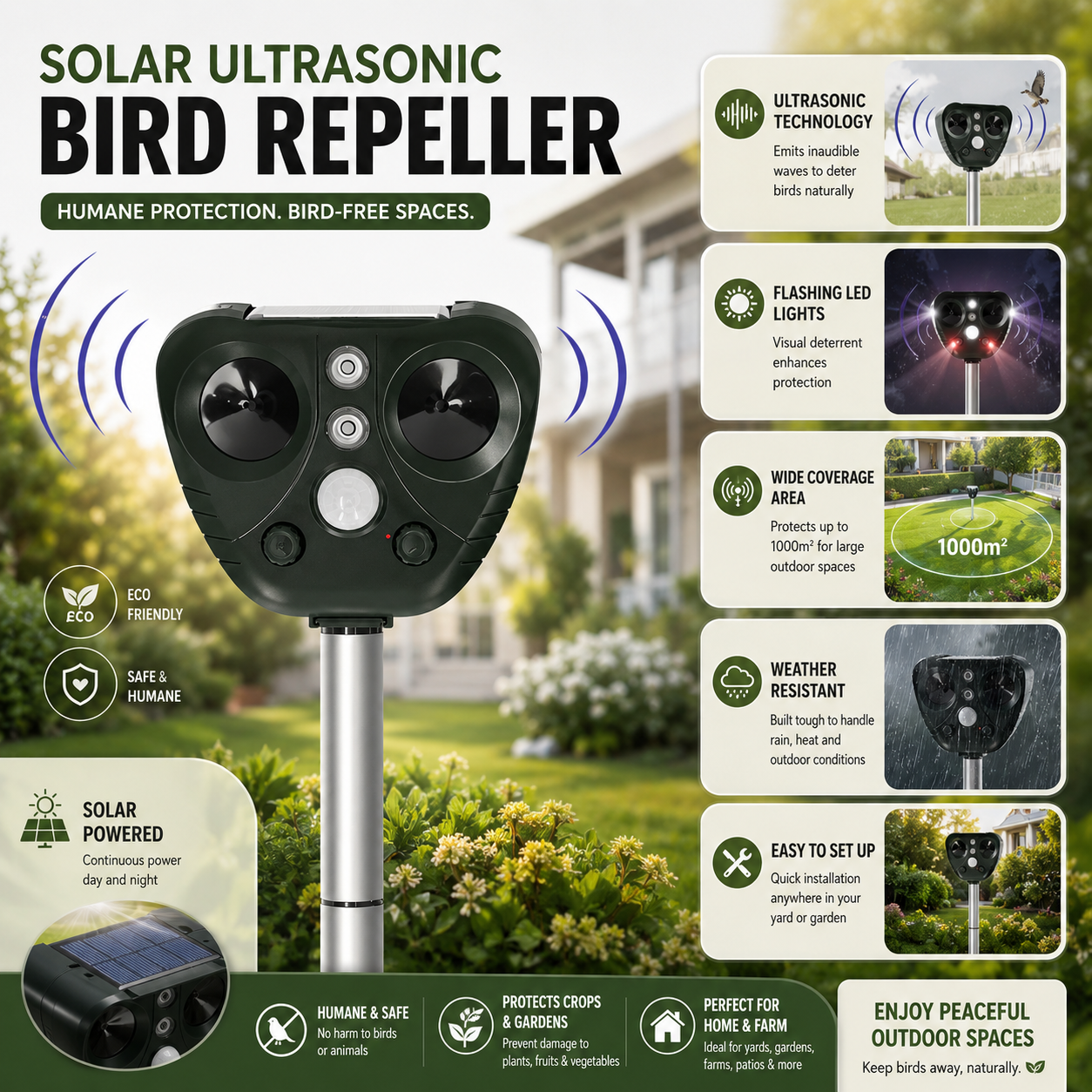 Répulsif Oiseaux Solaire à Ultrasons – Anti-Nuisibles Jardin, Terrasse et Extérieur