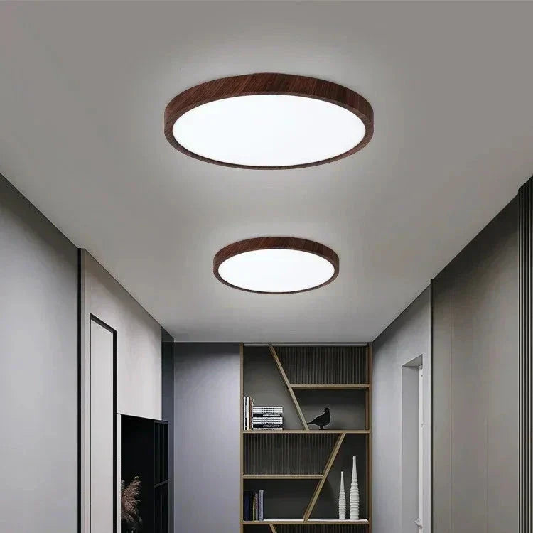Plafonnier Rond Ultra Fin Bois de Noyer Éclairage Réglable