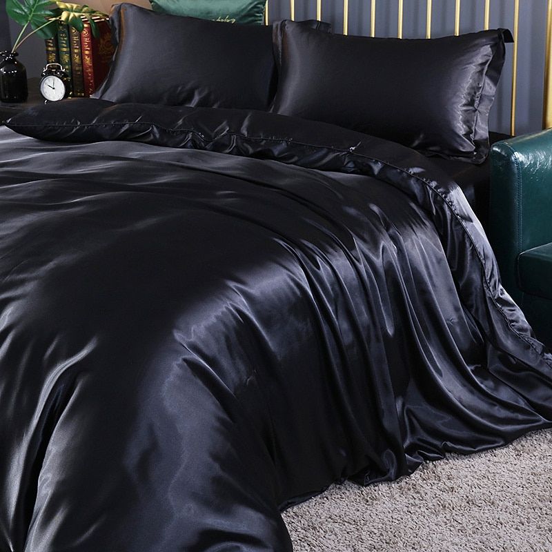 Ensemble De Literie 4 Pièces En Soie Satin Avec Housse De Couette Drap Et 2 Taies D’Oreiller Bedding Electro Paris Noir Drap housse 180 cm + drap housse 200 x 230 cm + 2 taies d'oreiller