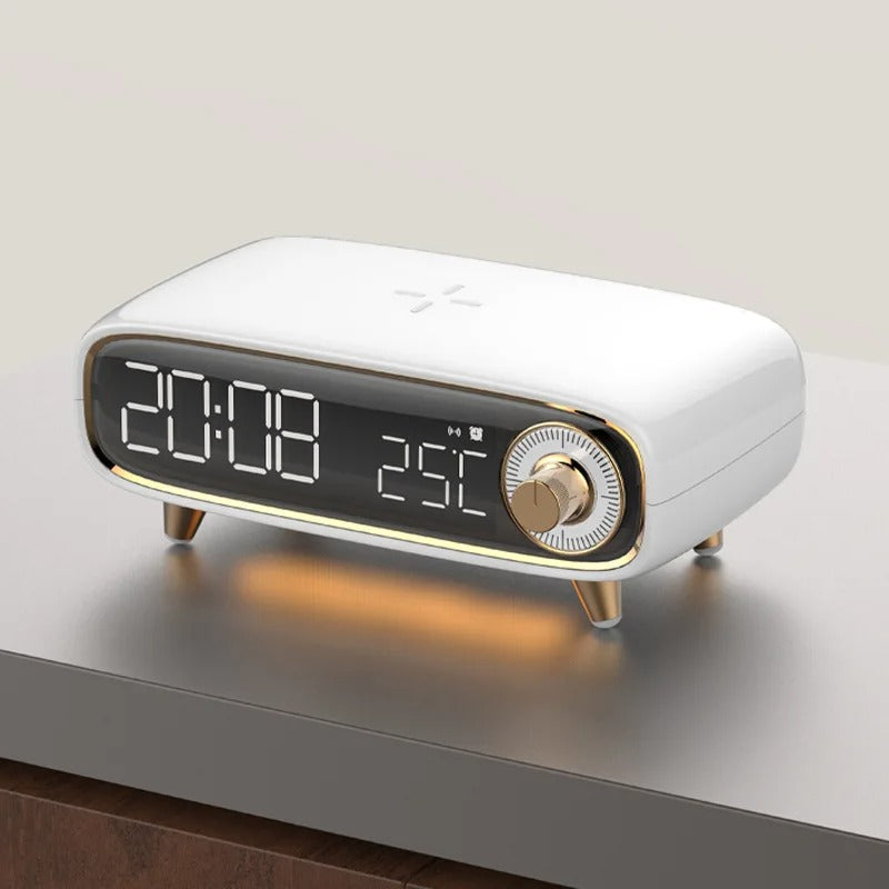 Réveil Élégant Luxe : Chargeur Induction 15W, Veilleuse LED et Bluetooth – Design Moderne pour Chambre
