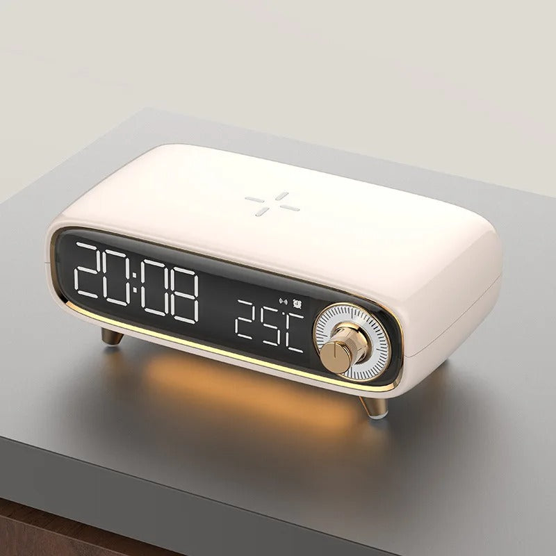 Réveil Élégant Luxe : Chargeur Induction 15W, Veilleuse LED et Bluetooth – Design Moderne pour Chambre