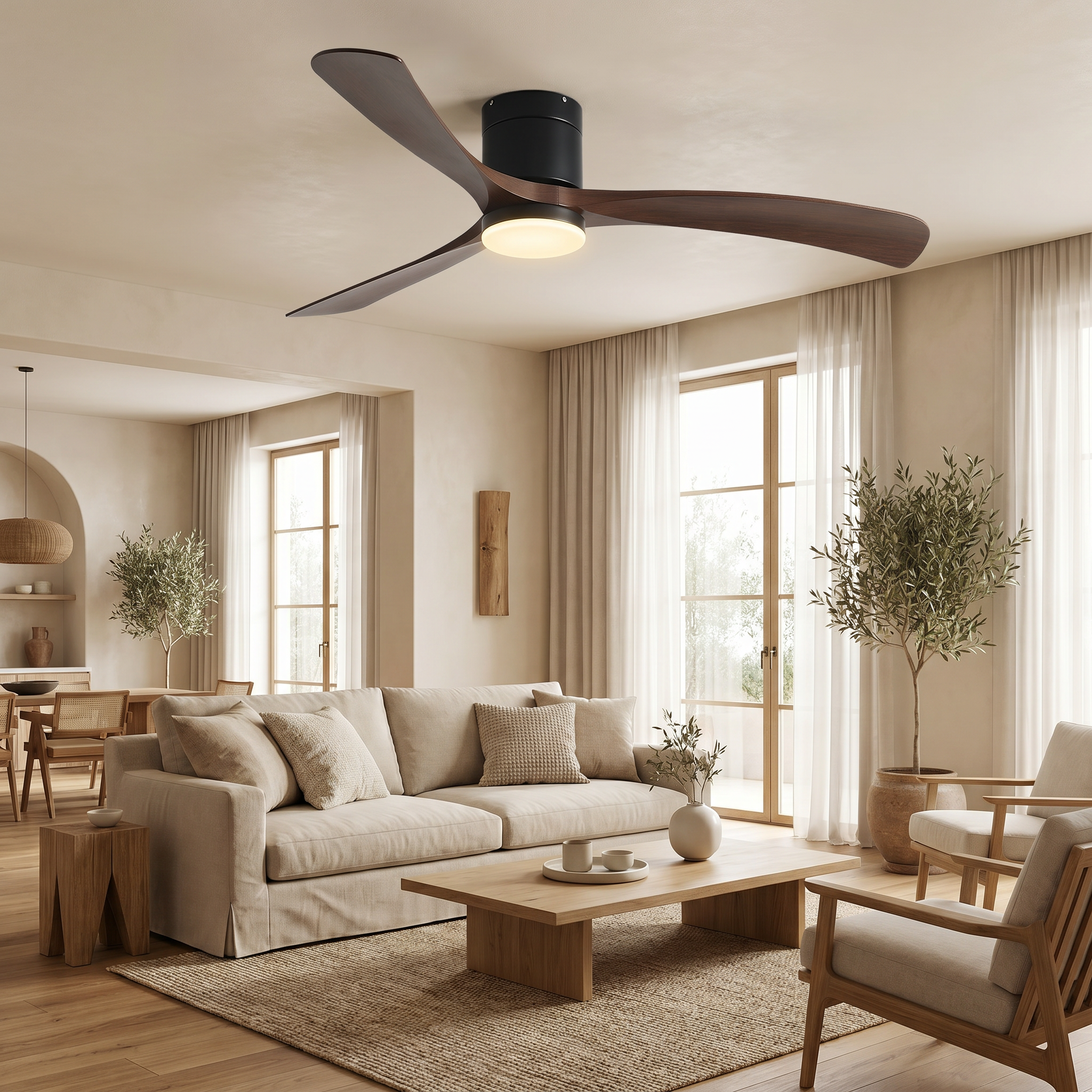 Olia | Ventilateur de plafond profil bas effet bois